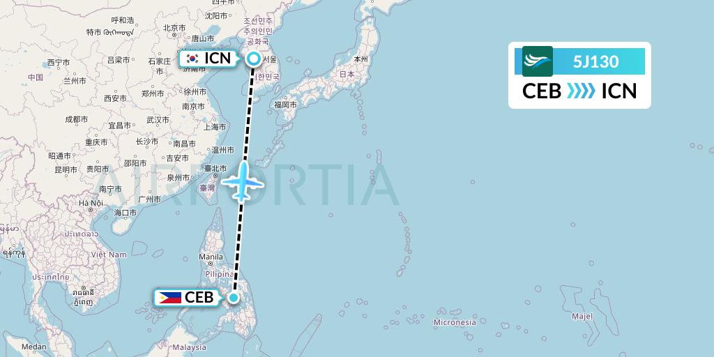 5J130 CEBU Pacific Air Flight Map: Cebu to Seoul