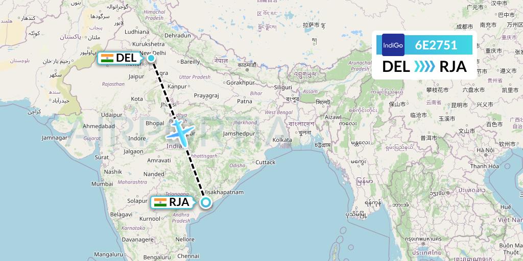 6E2751 IndiGo Airlines Flight Map: Delhi to Rajahmundry