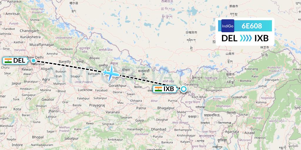 6E608 IndiGo Airlines Flight Map: Delhi to Siliguri