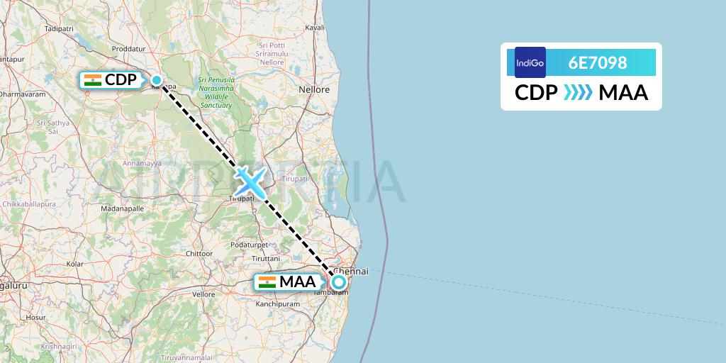 6E7098 IndiGo Airlines Flight Map: India to Chennai