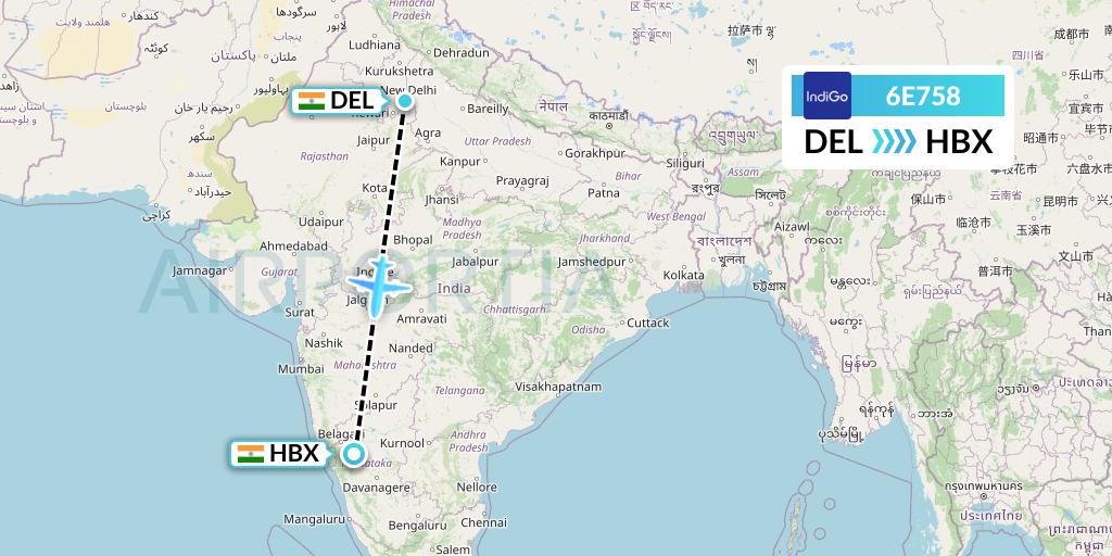 6E758 IndiGo Airlines Flight Map: Delhi to Hubli