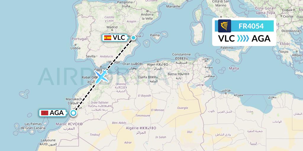 FR4054 Ryanair Flight Map: Valencia to Agadir