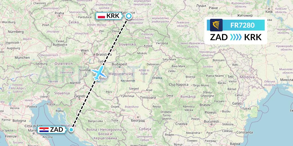 FR7280 Ryanair Flight Map: Zadar to Krakow