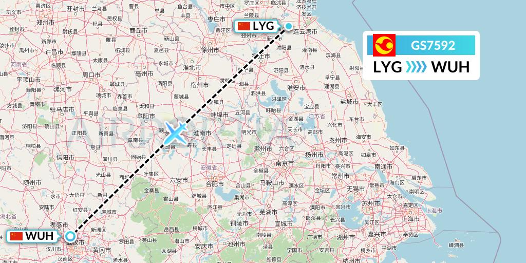 GS7592 Tianjin Airlines Flight Map: Lianyungang to Wuhan