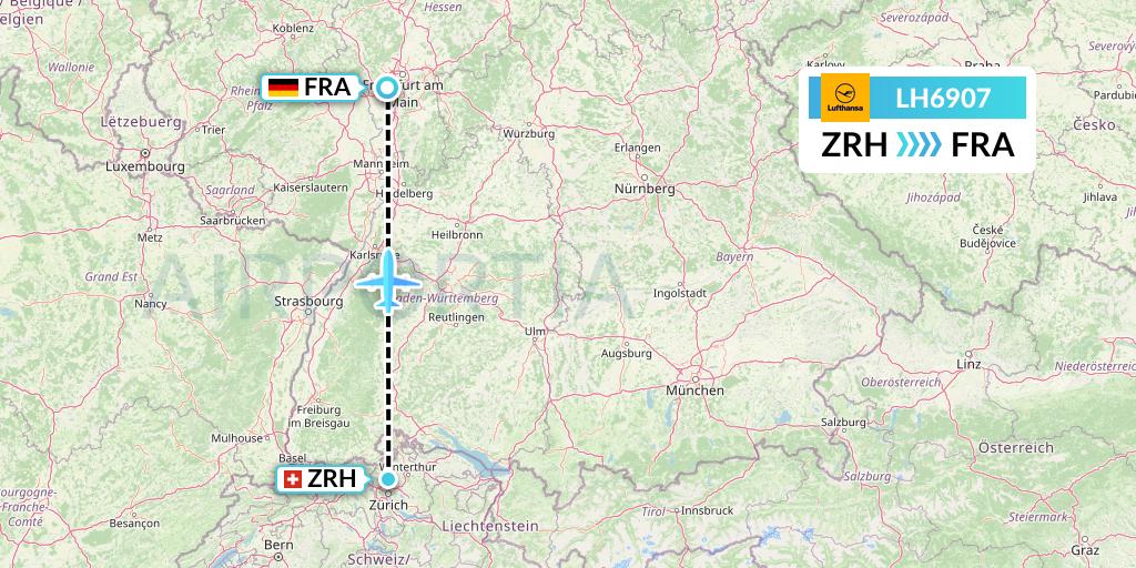 LH6907 Lufthansa Flight Map: Zurich to Frankfurt