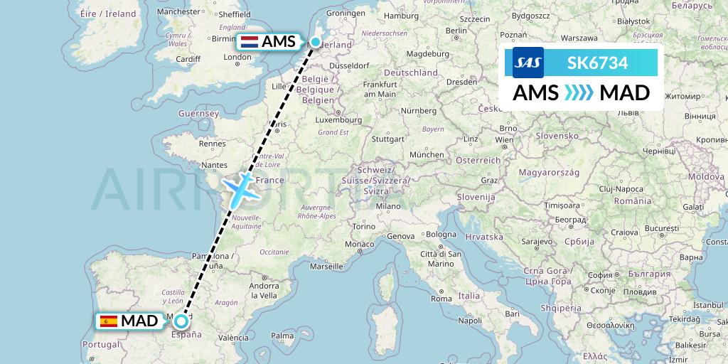 SK6734 SAS Flight Map: Amsterdam to Madrid