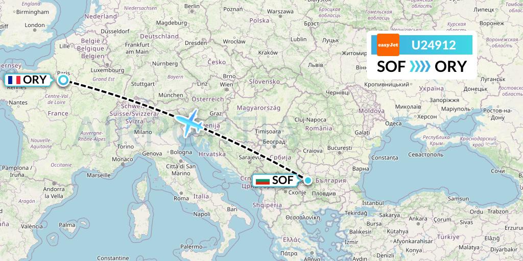 U24912 EasyJet Flight Map: Sofia to Paris