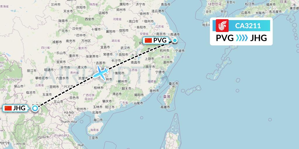 CA3211 Air China Flight Map: Shanghai to Jinghong
