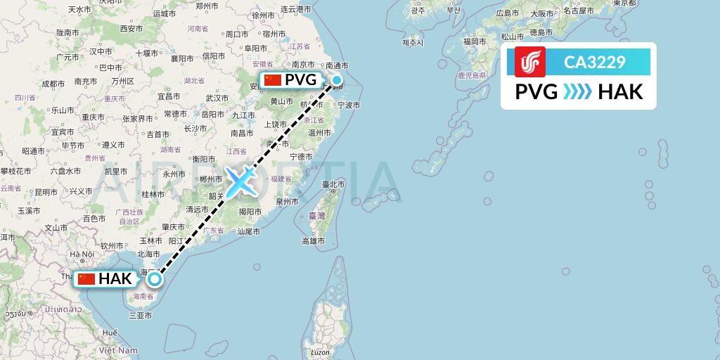 CA3229 Air China Flight Map: Shanghai to Haikou