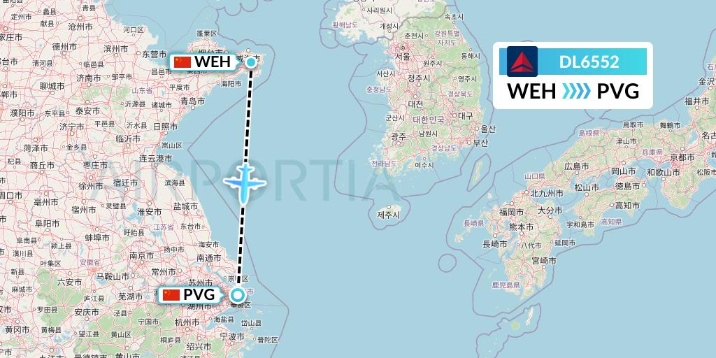 DL6552 Delta Air Lines Flight Map: Weihai to Shanghai