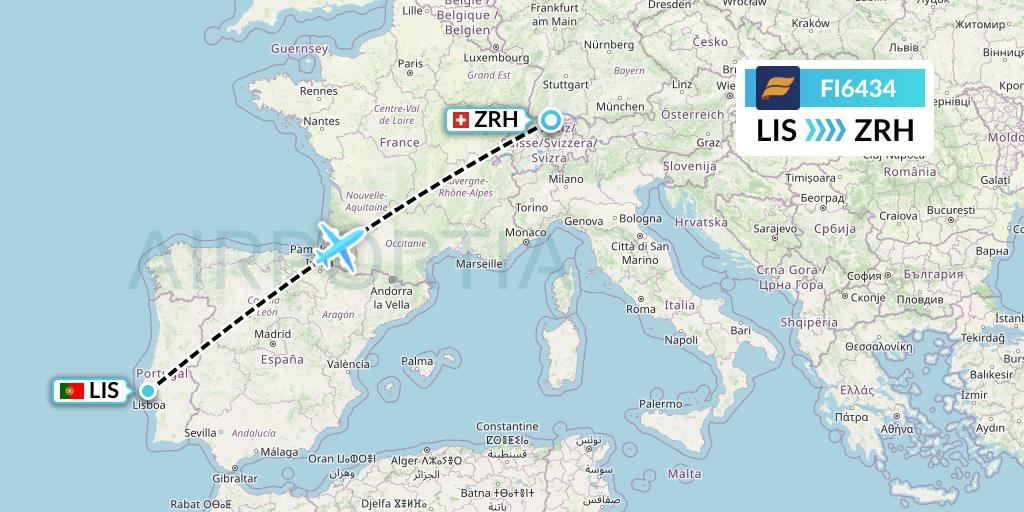 FI6434 Icelandair Flight Map: Lisbon to Zurich