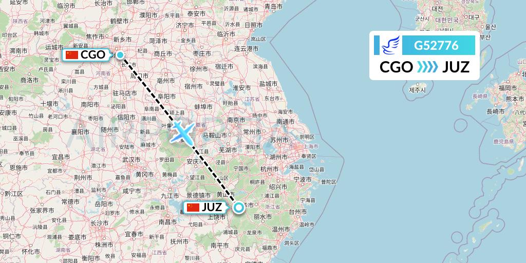 G52776 China Express Airlines Flight Map: Zhengzhou to Quzhou
