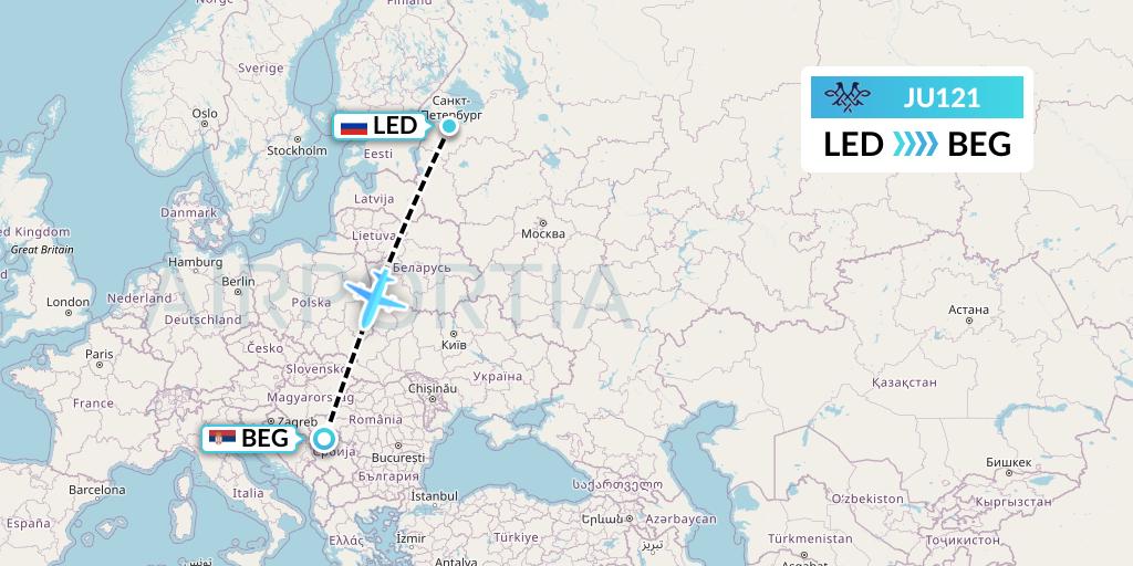 JU121 AirSERBIA Flight Map: St. Petersburg to Belgrade