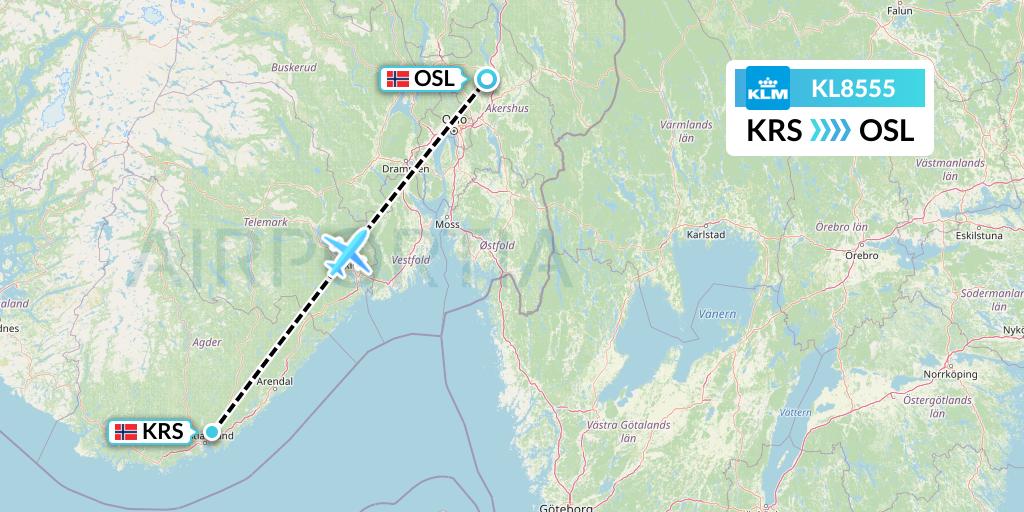 KL8555 KLM Flight Map: Kristiansand to Oslo