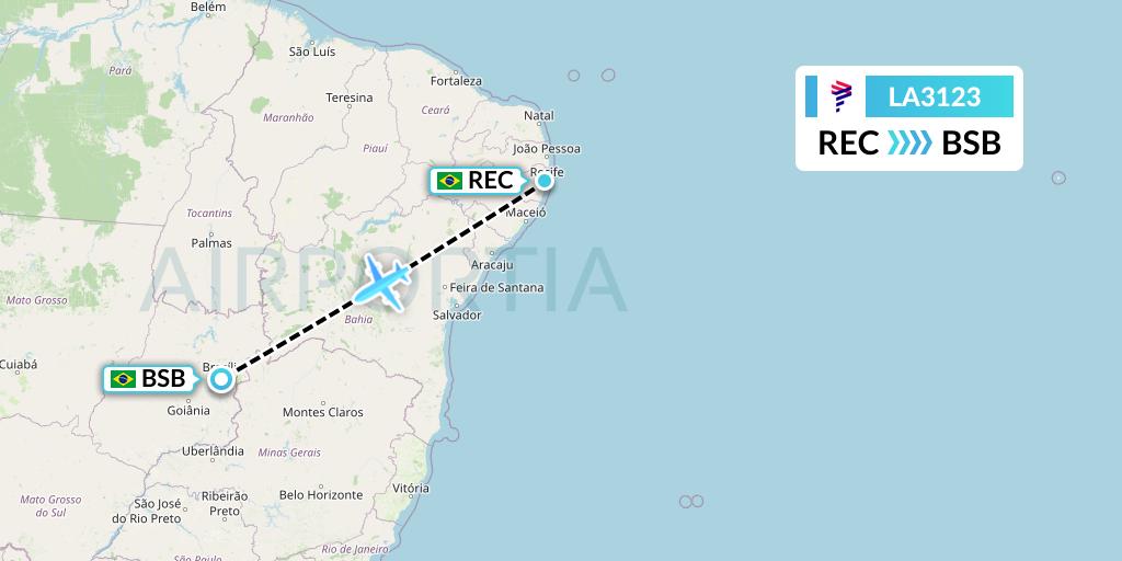 LA3123 LAN Airlines Flight Map: Recife to Brasilia