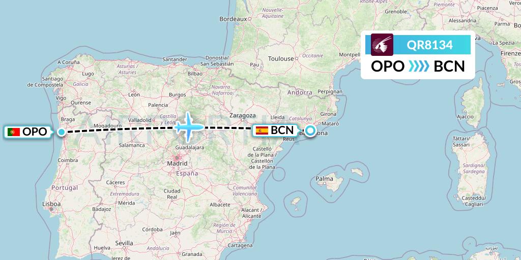 QR8134 Qatar Airways Flight Map: Porto to Barcelona