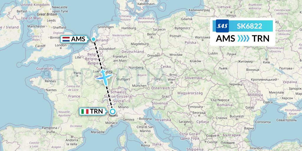 SK6822 SAS Flight Map: Amsterdam to Turin