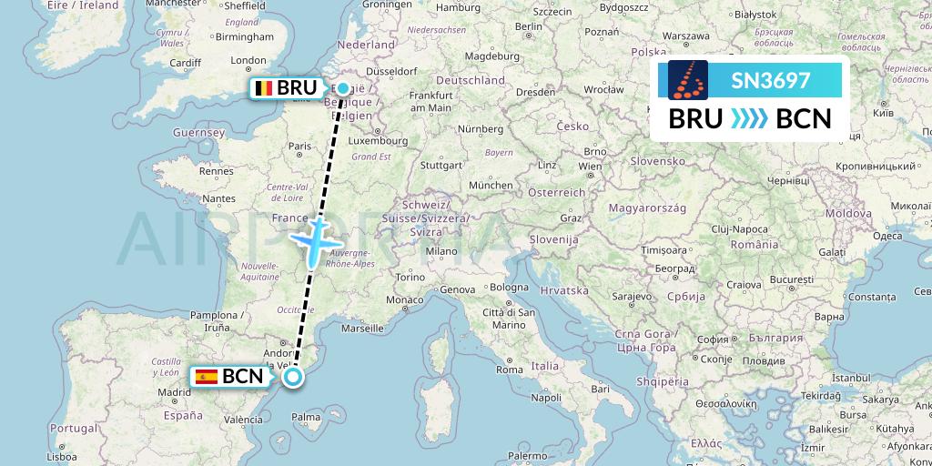 SN3697 Brussels Airlines Flight Map: Brussels to Barcelona