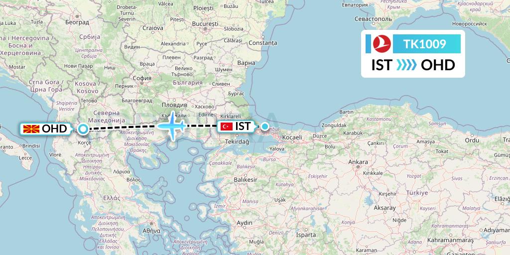 TK1009 Turkish Airlines Flight Map: Istanbul to Ohrid