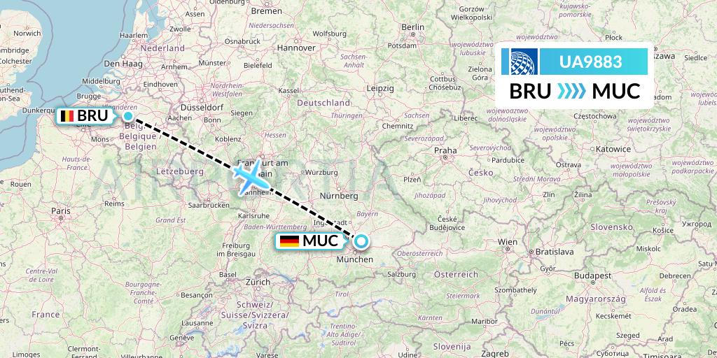 UA9883 United Airlines Flight Map: Brussels to Munich