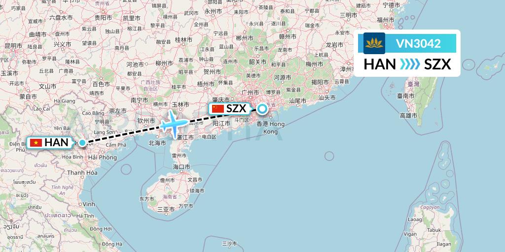 VN3042 Vietnam Airlines Flight Map: Hanoi to Shenzhen