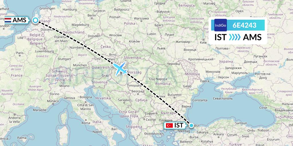 6E4243 IndiGo Airlines Flight Map: Istanbul to Amsterdam