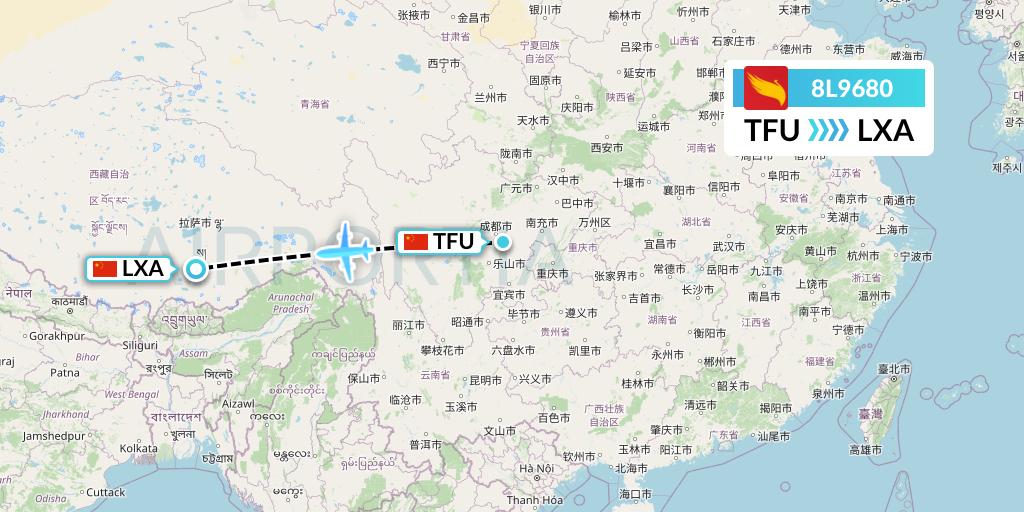 8L9680 Lucky Air Flight Map: Chengdu to Lhasa