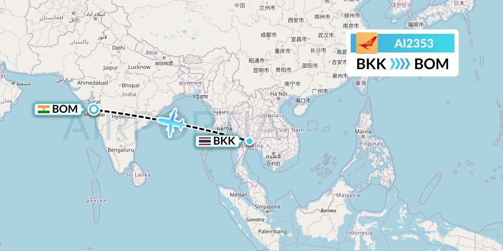 AI2353 Air India Flight Map: Bangkok to Mumbai