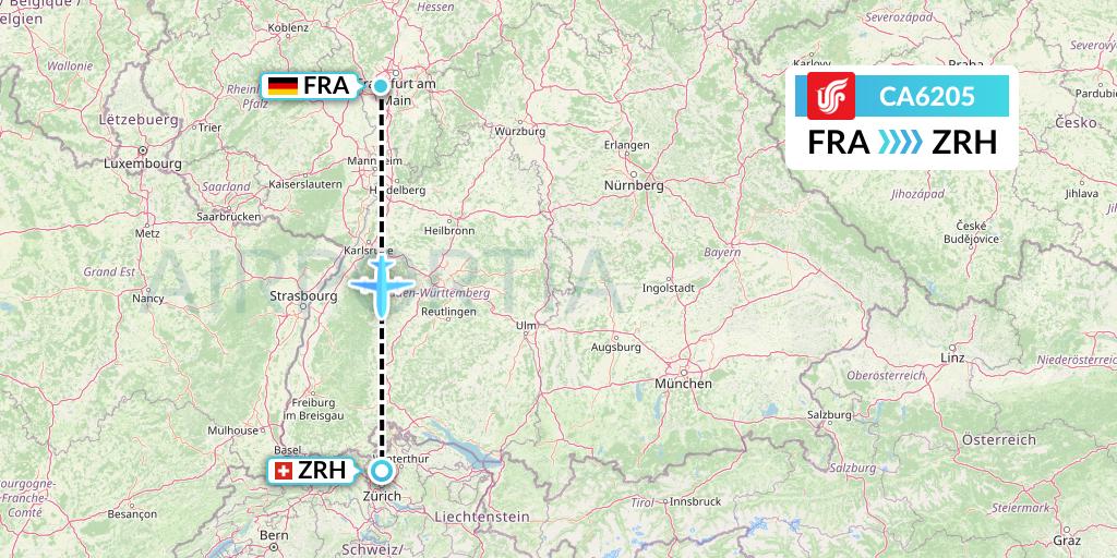 CA6205 Air China Flight Map: Frankfurt to Zurich