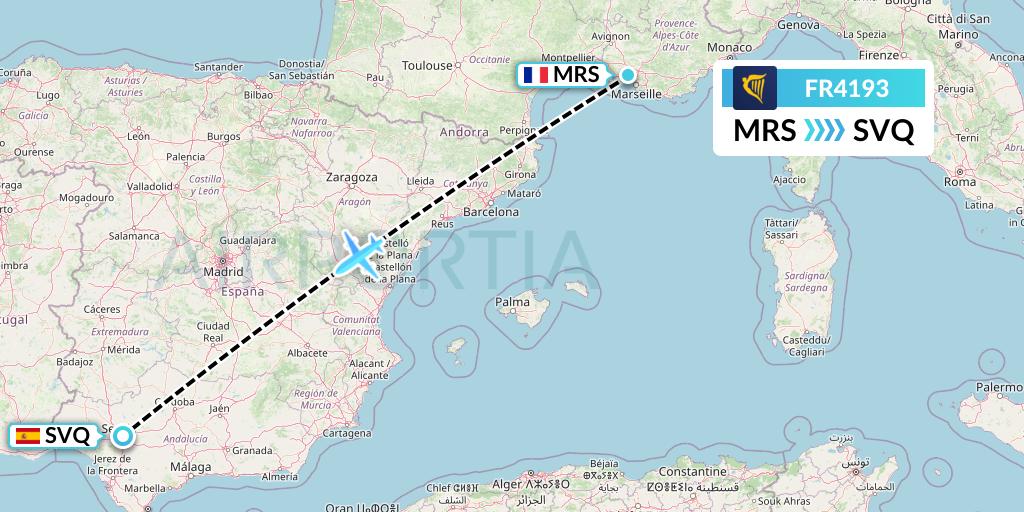 FR4193 Ryanair Flight Map: Marseille to Seville