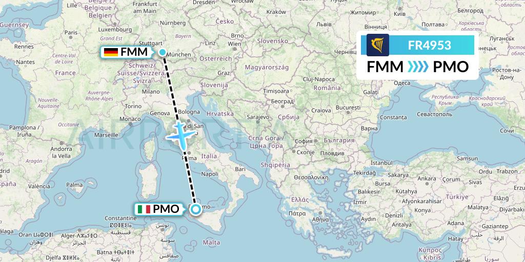 FR4953 Ryanair Flight Map: Memmingen to Palermo