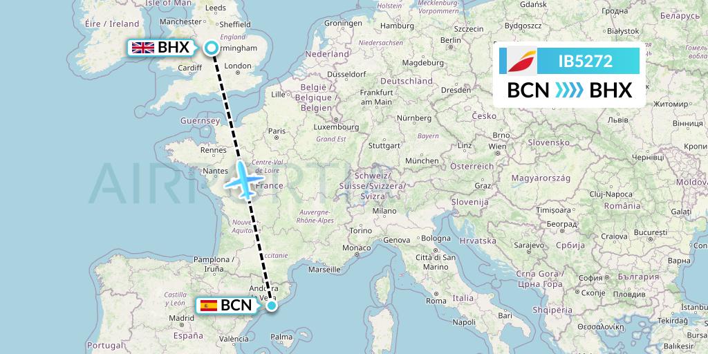 IB5272 Iberia Flight Map: Barcelona to Birmingham