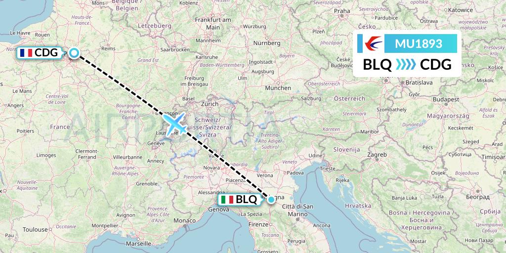 MU1893 China Eastern Airlines Flight Map: Bologna to Paris