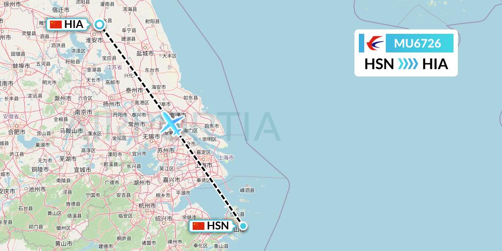 MU6726 China Eastern Airlines Flight Map: Zhoushan to Huai'an