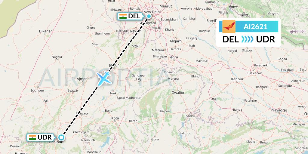 AI2621 Air India Flight Map: Delhi to Udaipur