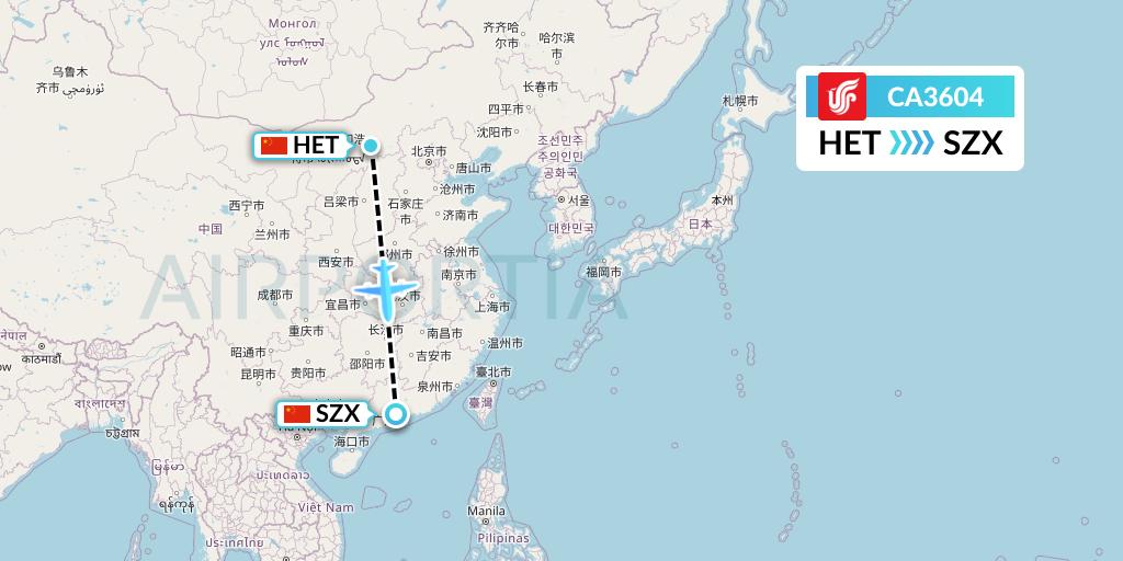 CA3604 Air China Flight Map: Hohhot to Shenzhen