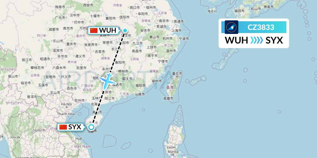 CZ3833 China Southern Airlines Flight Map: Wuhan to Sanya