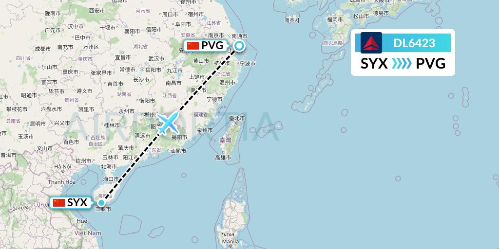 DL6423 Delta Air Lines Flight Map: Sanya to Shanghai