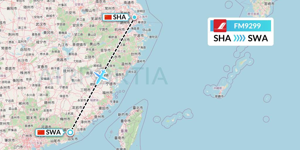 FM9299 Shanghai Airlines Flight Map: Shanghai to Jieyang