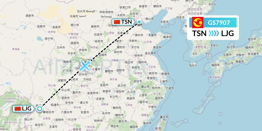 GS7907 Tianjin Airlines Flight Map: Tianjin to Lijiang