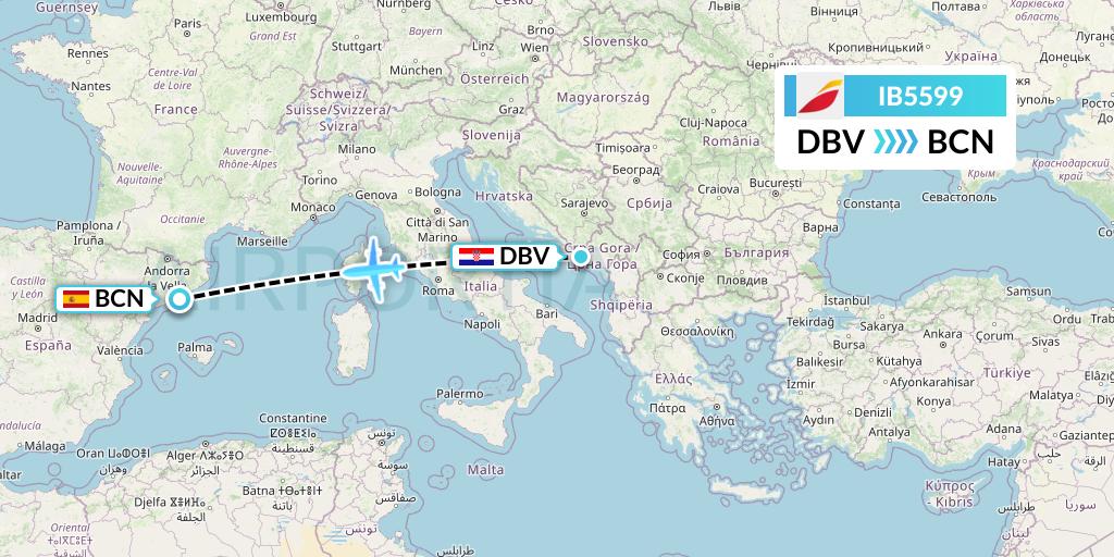 IB5599 Iberia Flight Map: Dubrovnik to Barcelona