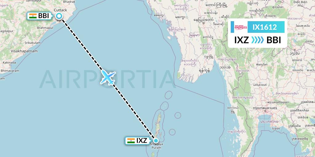 IX1612 Air India Express Flight Map: Port Blair to Bhubaneswar