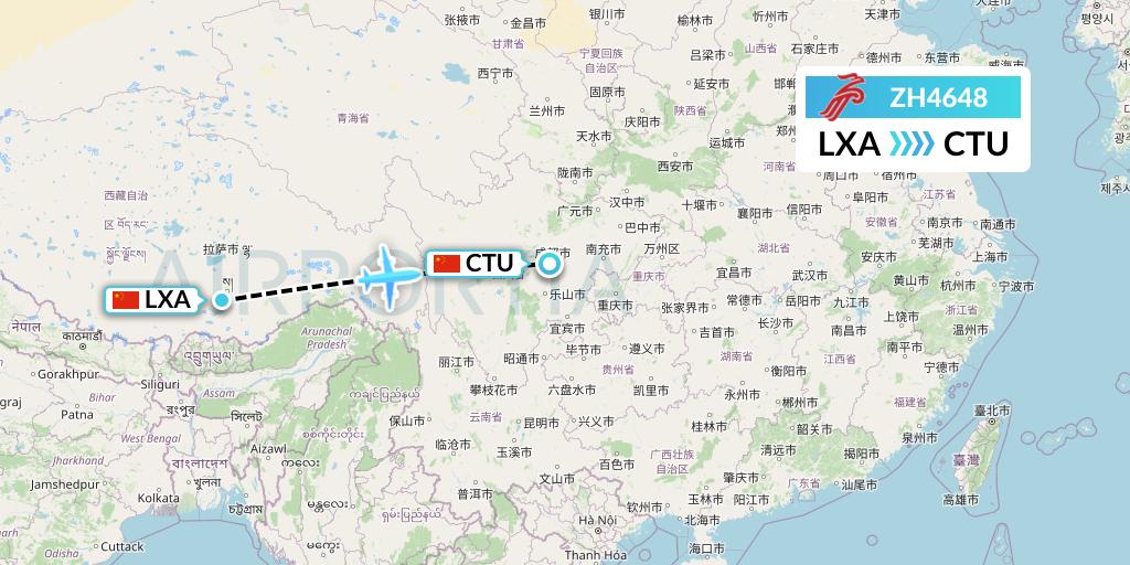 ZH4648 Shenzhen Airlines Flight Map: Lhasa to Chengdu
