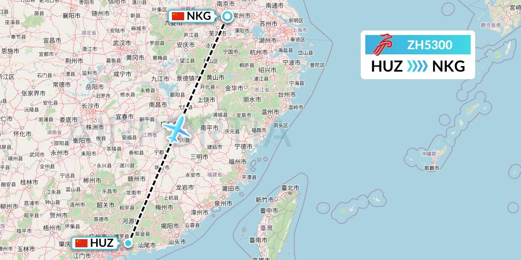 ZH5300 Shenzhen Airlines Flight Map: Huizhou to Nanjing