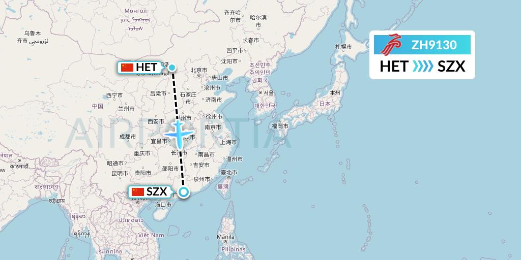ZH9130 Shenzhen Airlines Flight Map: Hohhot to Shenzhen