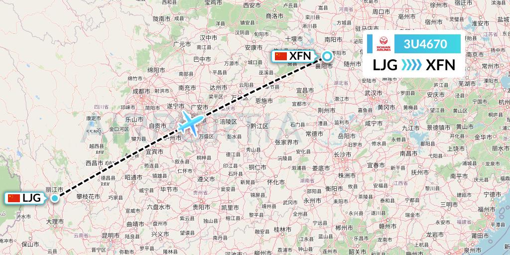 3U4670 Sichuan Airlines Flight Map: Lijiang to Xiangyang