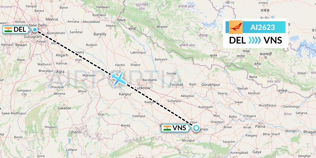 AI2623 Air India Flight Map: Delhi to Varanasi