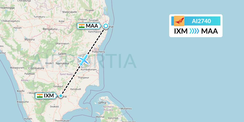 AI2740 Air India Flight Map: Madurai to Chennai