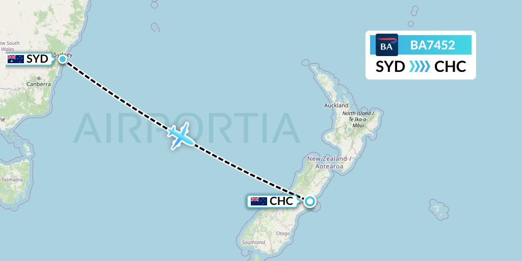 BA7452 British Airways Flight Map: Sydney to Christchurch