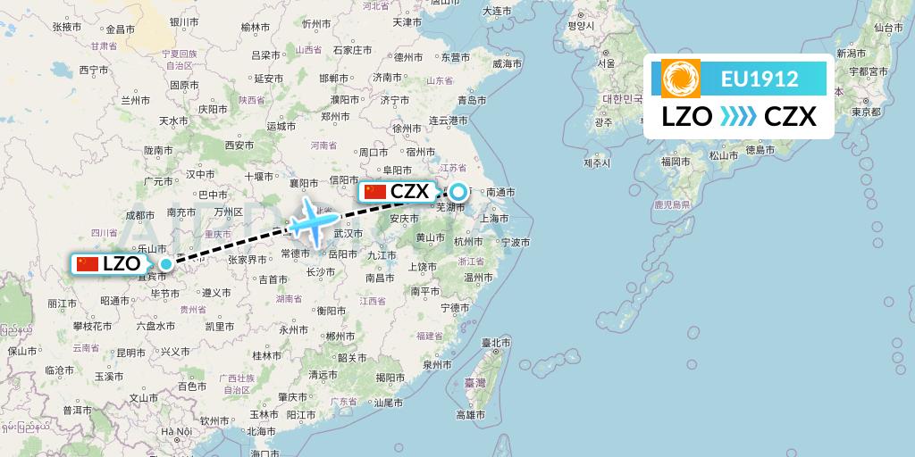 EU1912 Chengdu Airlines Flight Map: Luzhou to Changzhou